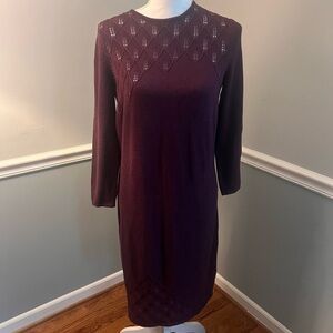 J McLaughlin Burgundy - Plum Eyelet Knit Cotton Sweater Shift Dress Size M